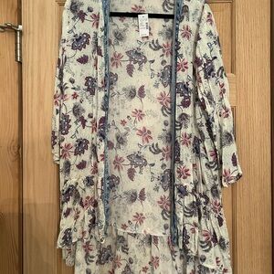 Maurices Cream Floral Open-Front Duster with Pink & Blue Accents